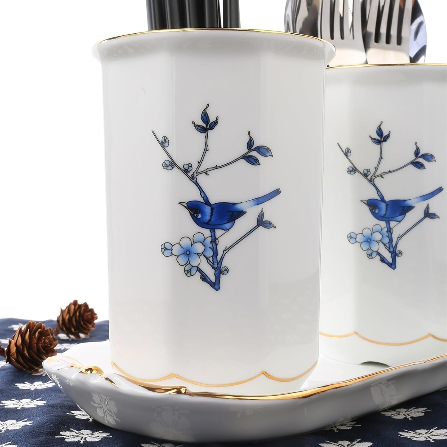 Kitchen Utensil Holder 2-Pieces Ceramic Silverware Holder, Chinese Ink Wash Style Utensil Holder Organizer, Kitchen Flatware Holder Cutlery Drain Rack for Countertop Cooking Utensil Holder