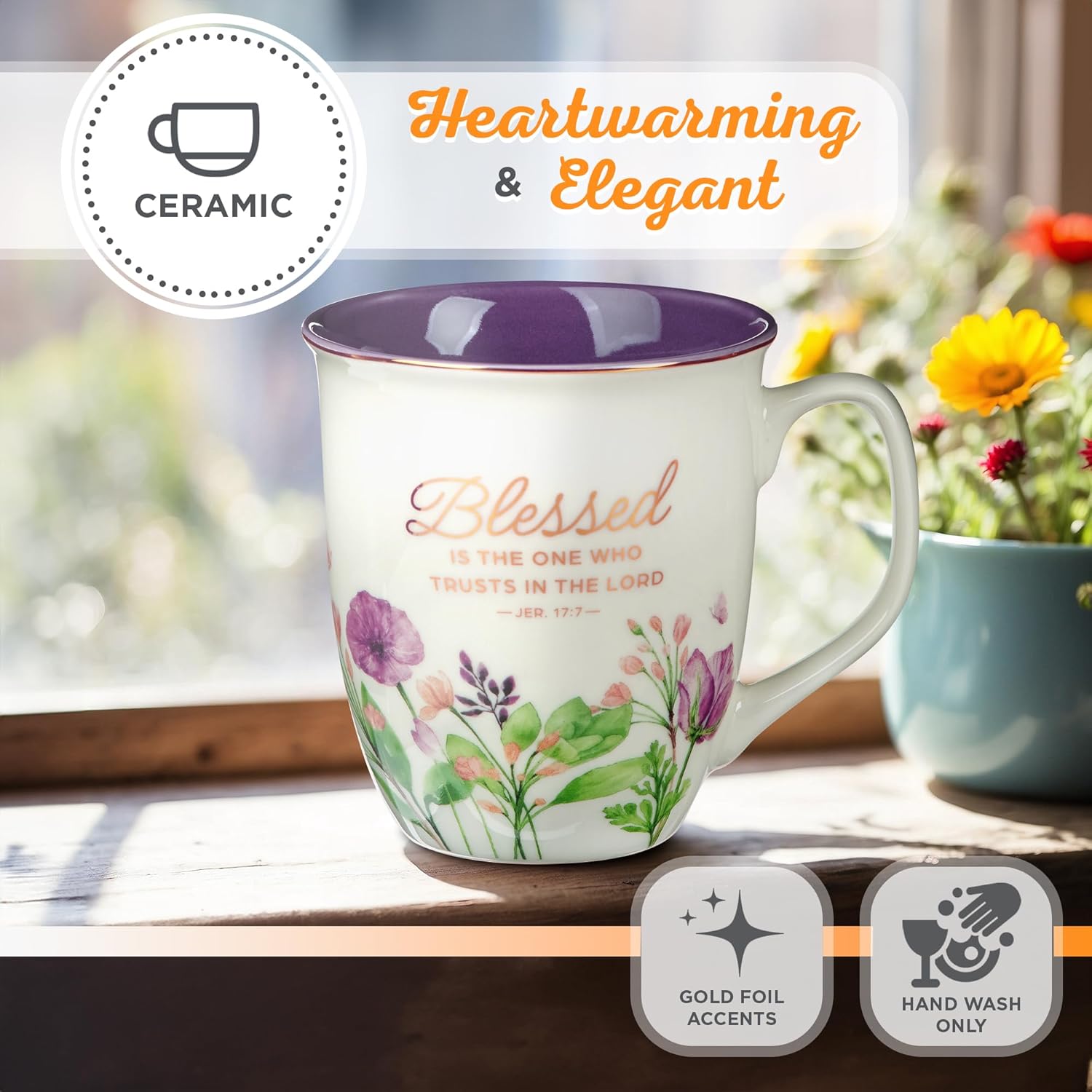 Christian Art Gifts Large Ceramic Inspirational Scripture Coffee & Tea Mug for Women: Blessed Encouraging Rose Gold Bible Verse, Novelty Drinkware for Home & Kitchen, Multicolor Purple Floral, 14 oz. - Image 4