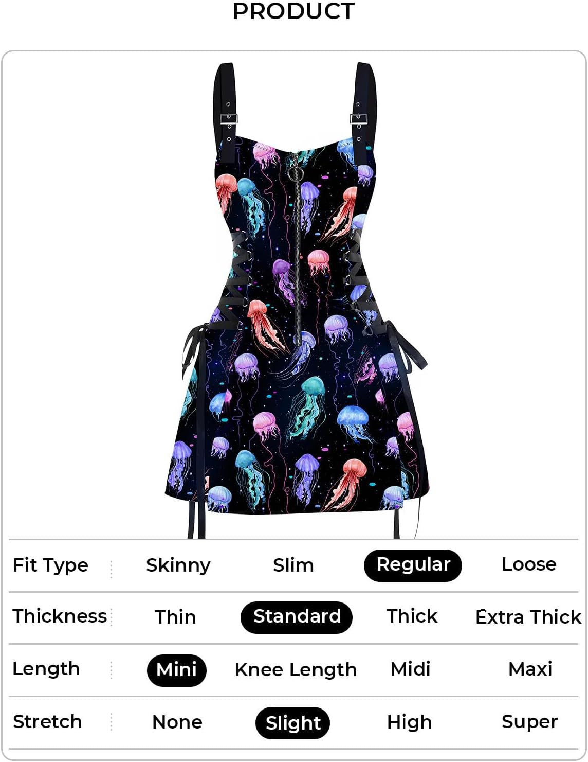 DRESSFO Women’s Gothic Buckle Strap Mini Dress – Lace Up Zipper Dress in Multiple Prints