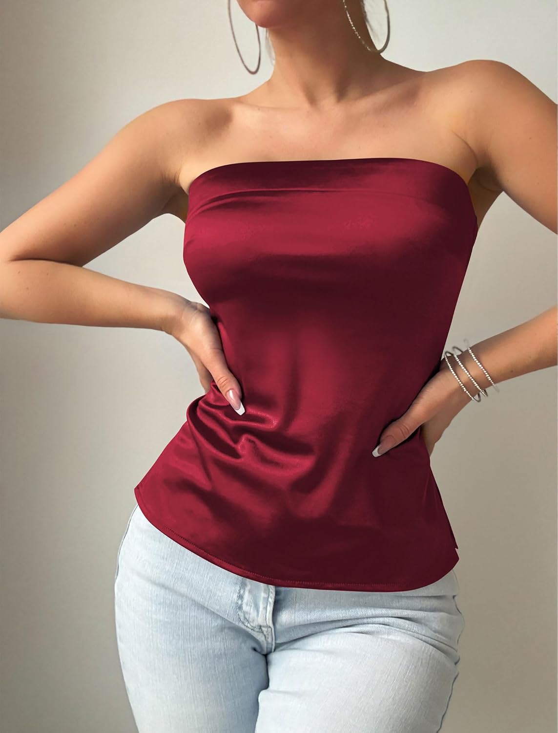 ZAFUL Women Satin Strapless Tube Tops Side Split Sleeveless Backless Bandeau Top Going Out Bustier Tops Silk Tank Top - Image 4