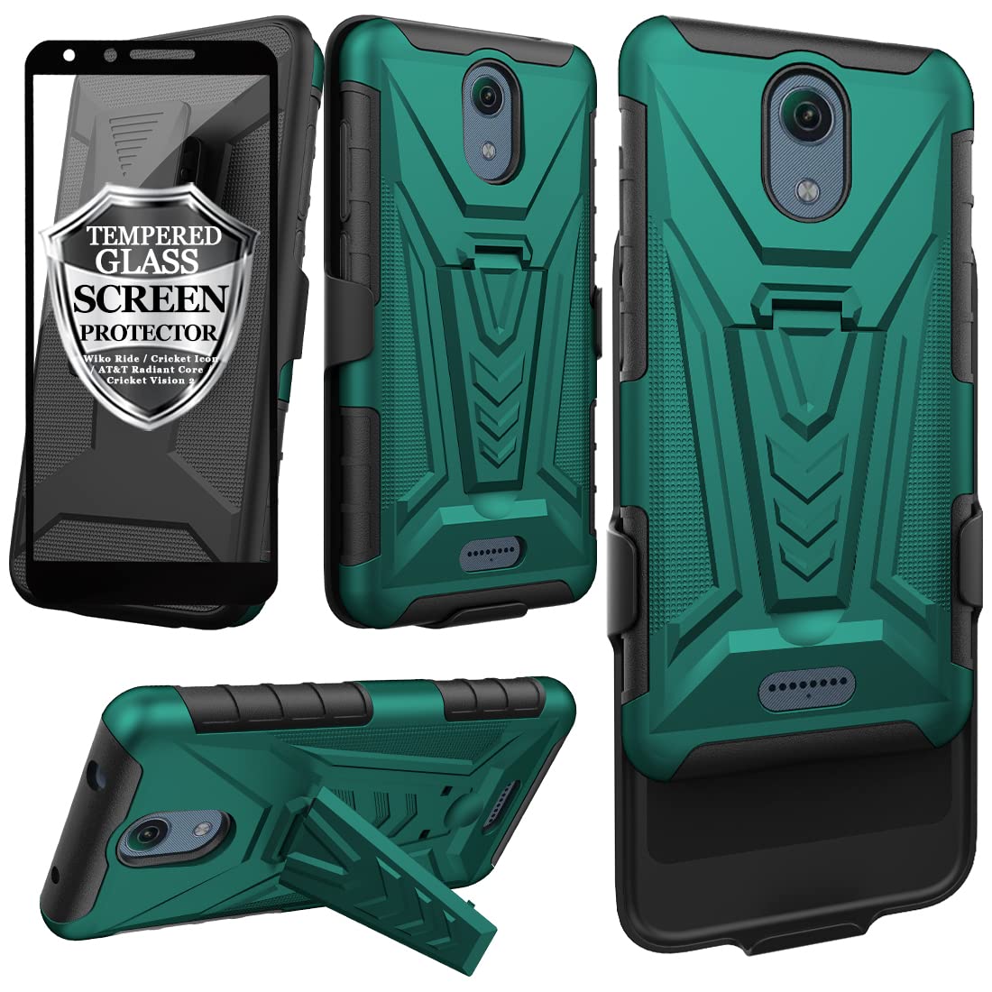 Ailiber Case Compatible with Cricket Vision 2 (U304AC), Wiko Ride(W-U300)/Cricket Icon(U304)/Radiant Core(U304AA) Case Holster with Screen Protector, Swivel Belt Clip Case with Kickstand Cover-Green