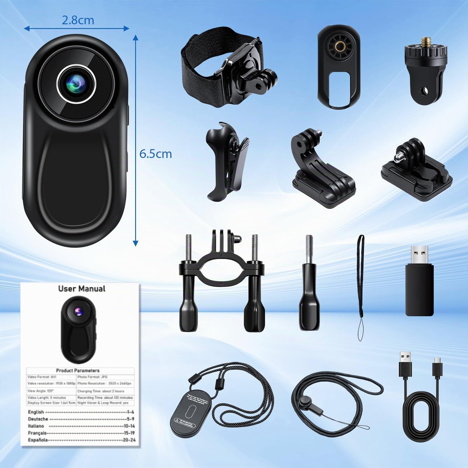 Mini Bodycam 1080P Schermo 0,96" Supporto Magnetico, Visione Notturna | leggero 27,5g, batteria 120min, grandangolo 120°, 7 supporti, 256GB SD, ricarica USB-C, 6 LED IR