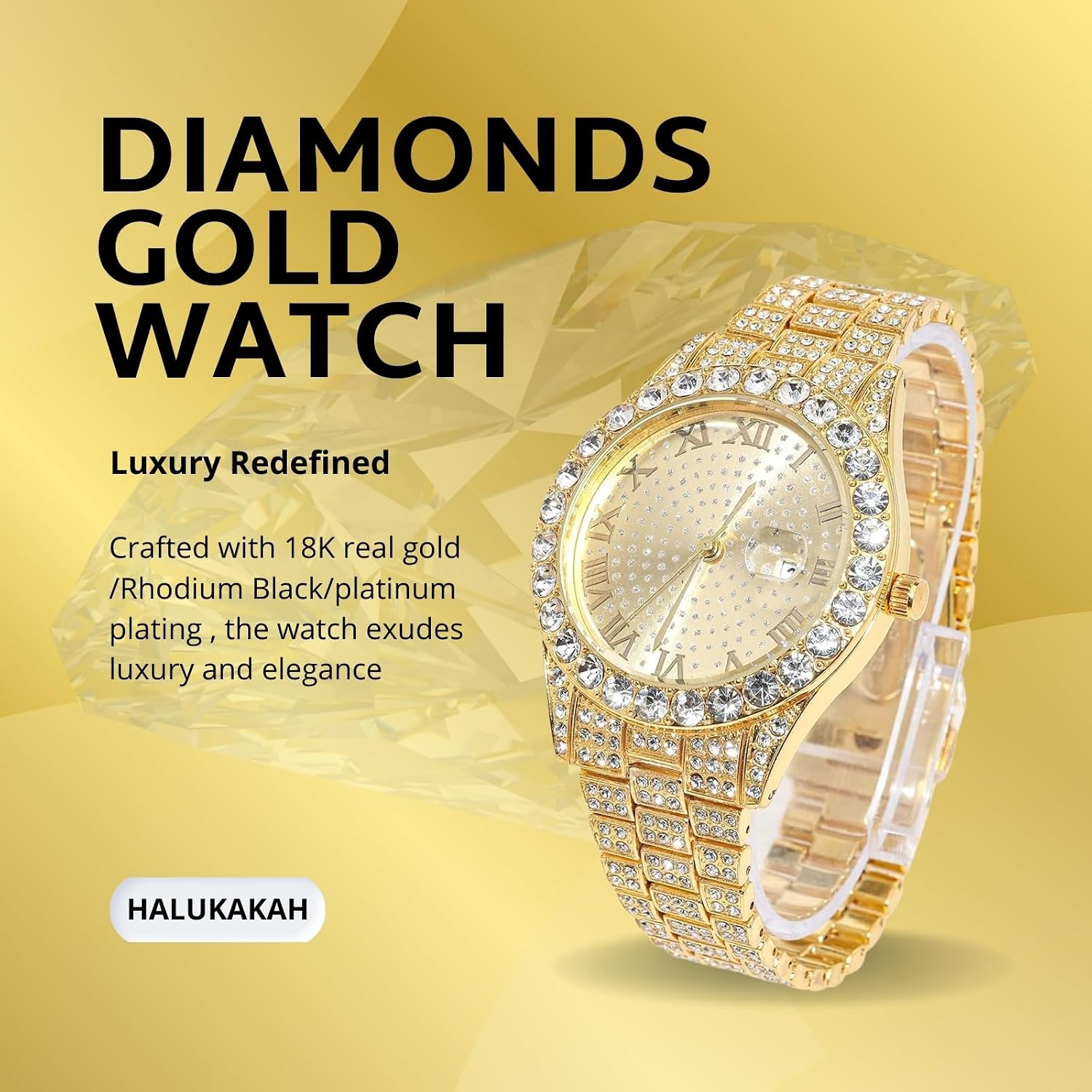 Halukakah Diamonds Watch Iced Out for Boy Teens - 18K Real Gold/Platinum Plated - 42mm Round Dial - 8" Length - Optional with Cuban Link Chain, with Adjuster Tool - Goldfoil Giftbox