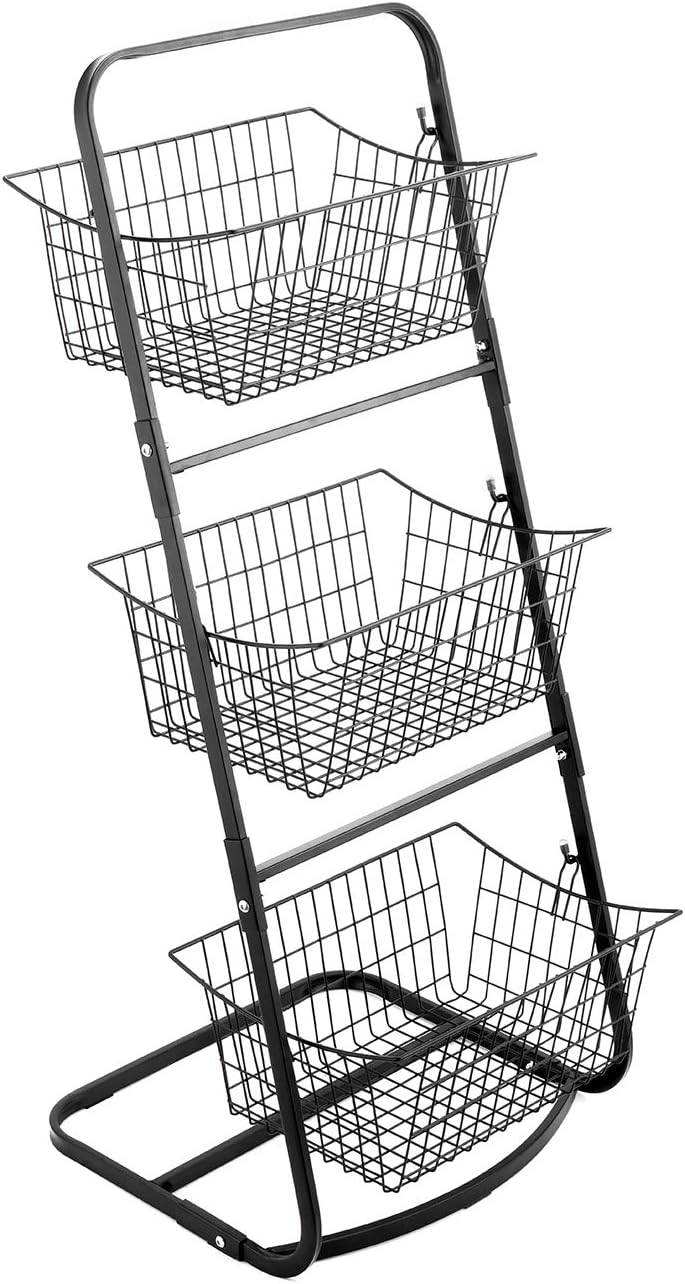 EAXBUX 3 Tier Metal Market Basket Stand Storage Shelves for Fruits and Vegetables Organize Hanging Storage Bin for Kitchen,Bathroom Tower Baskets