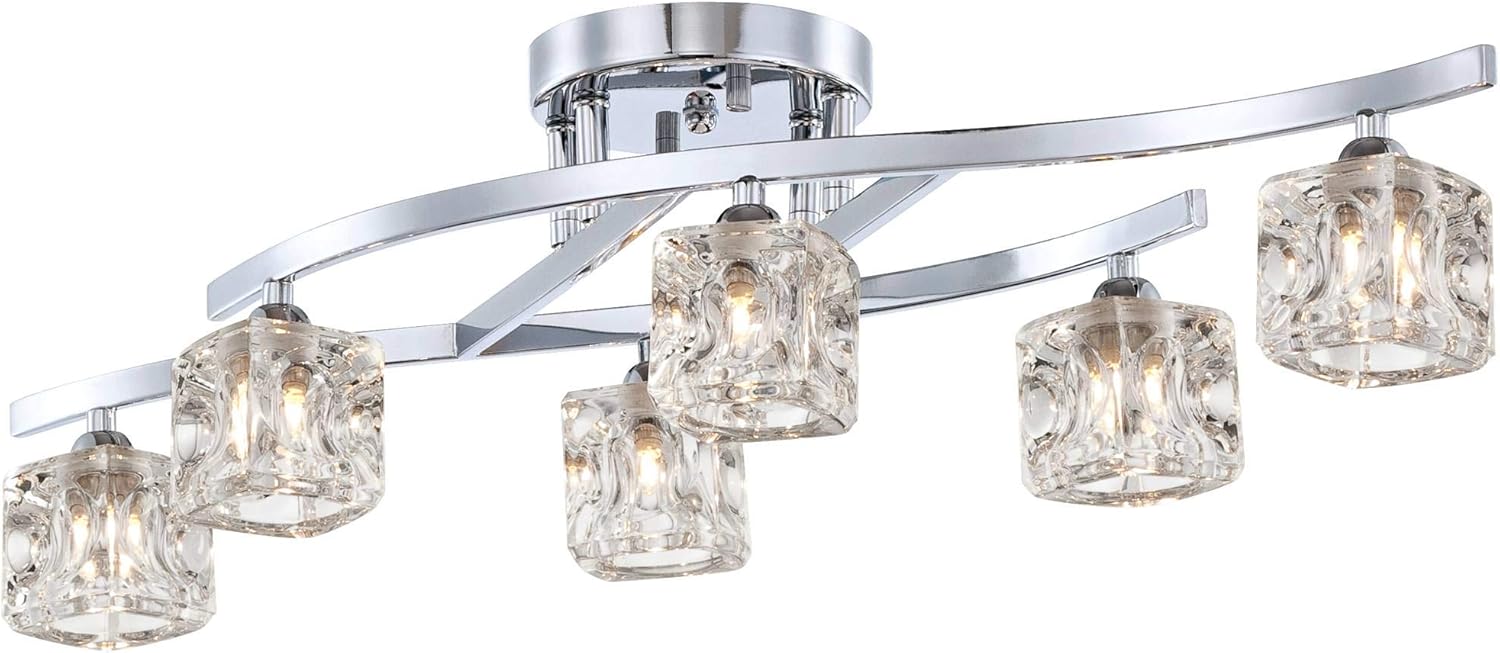 Possini Euro Design Modern Ceiling Light Semi Flush-Mount Fixture 30 1/2" Wide Chrome 6-Light Clear Glass Crystal Cube Shades for Bedroom Kitchen Living Room Hallway Dining Bathroom Schoolhouse