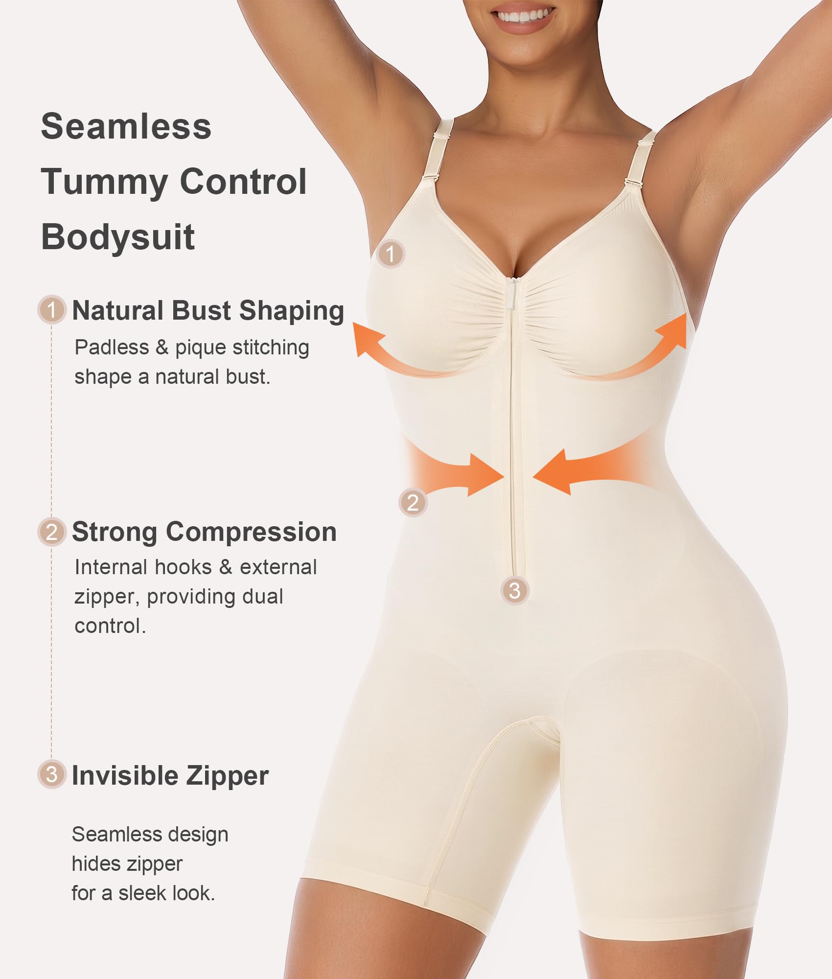 SHAPERX Body modellante da donna per il controllo della pancia, senza cuciture, con cerniera, modellante per la vita