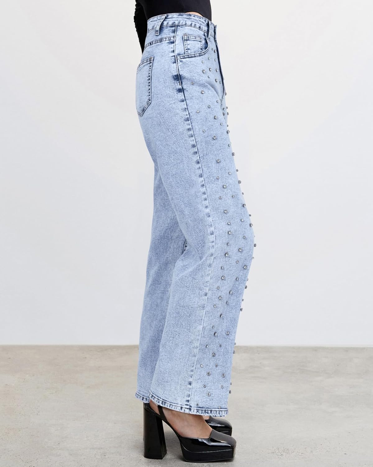 Kedera Women's Wide Leg Jeans Rhinestone Bling Jeans High Waisted Denim Pants - Image 5