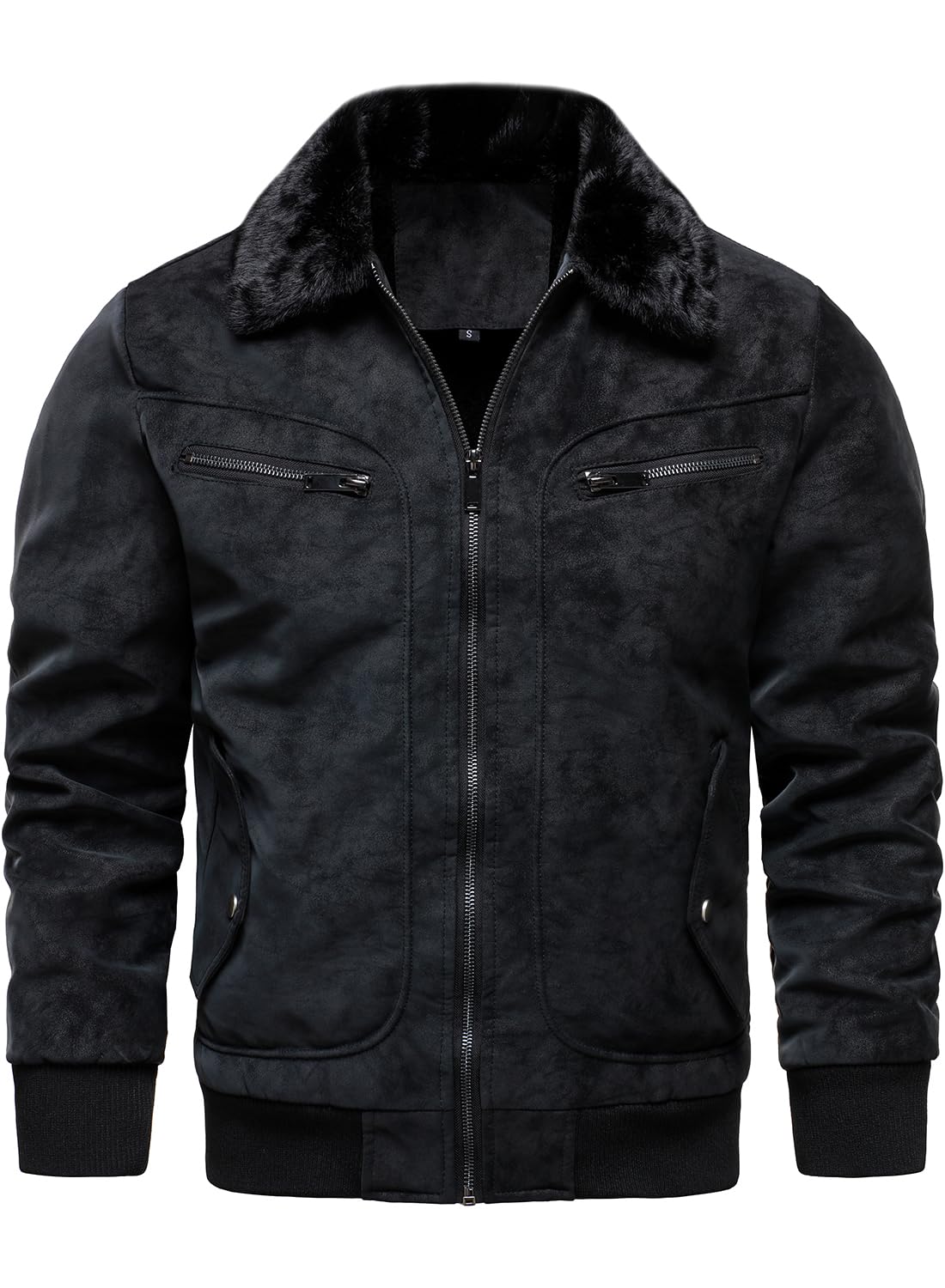 HOOD CREW Herren Kunstpelz Bomberjacke Fleece Gefütterte Winterjacke Vintage Kunstleder Jacke Mit Pelzkragen