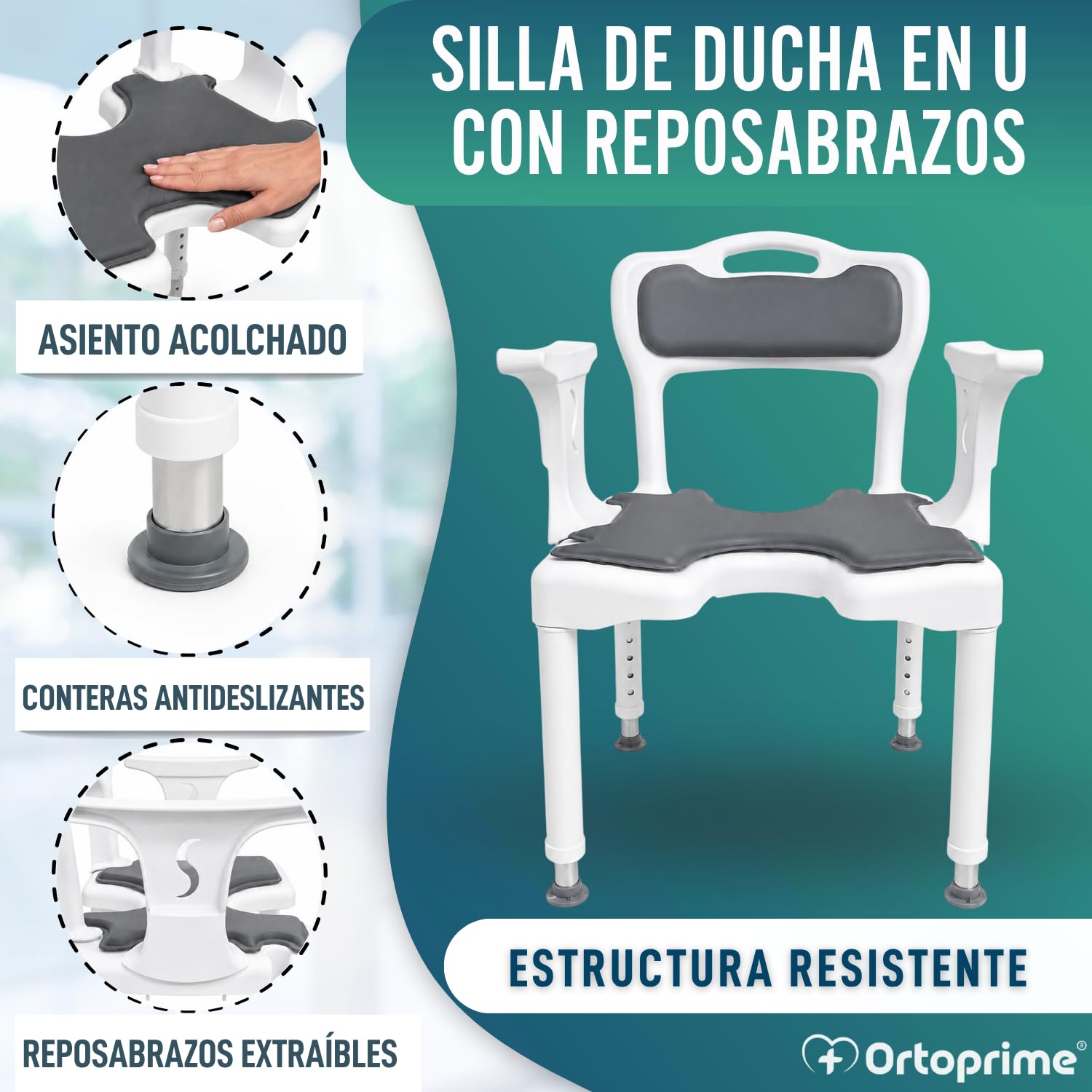 OrtoPrime Krzesło prysznicowe dla seniorów 3 w 1 stołek łazienkowy i prysznic wyściełane krzesło łazienkowe dla dorosłych w kształcie litery U z oparciem i oparciami ławka łazienka regulowana wysokość