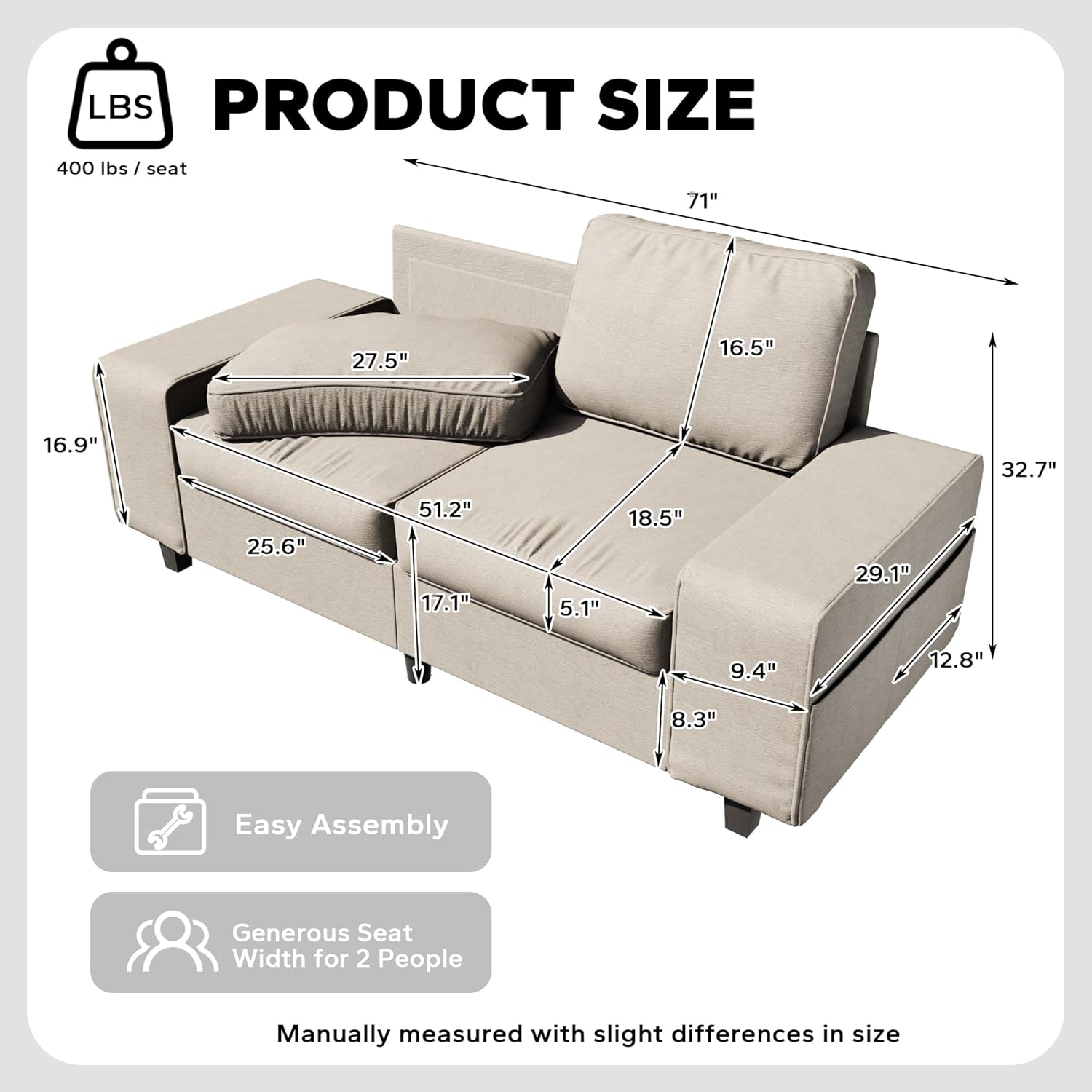 71" Small Loveseat Couch, 2 Seater Chenille Sofa with 4 Side Pockets, Removable and Washable Cushions, Mid Century Modern, Living Room, Apartment, Studio (Cream)