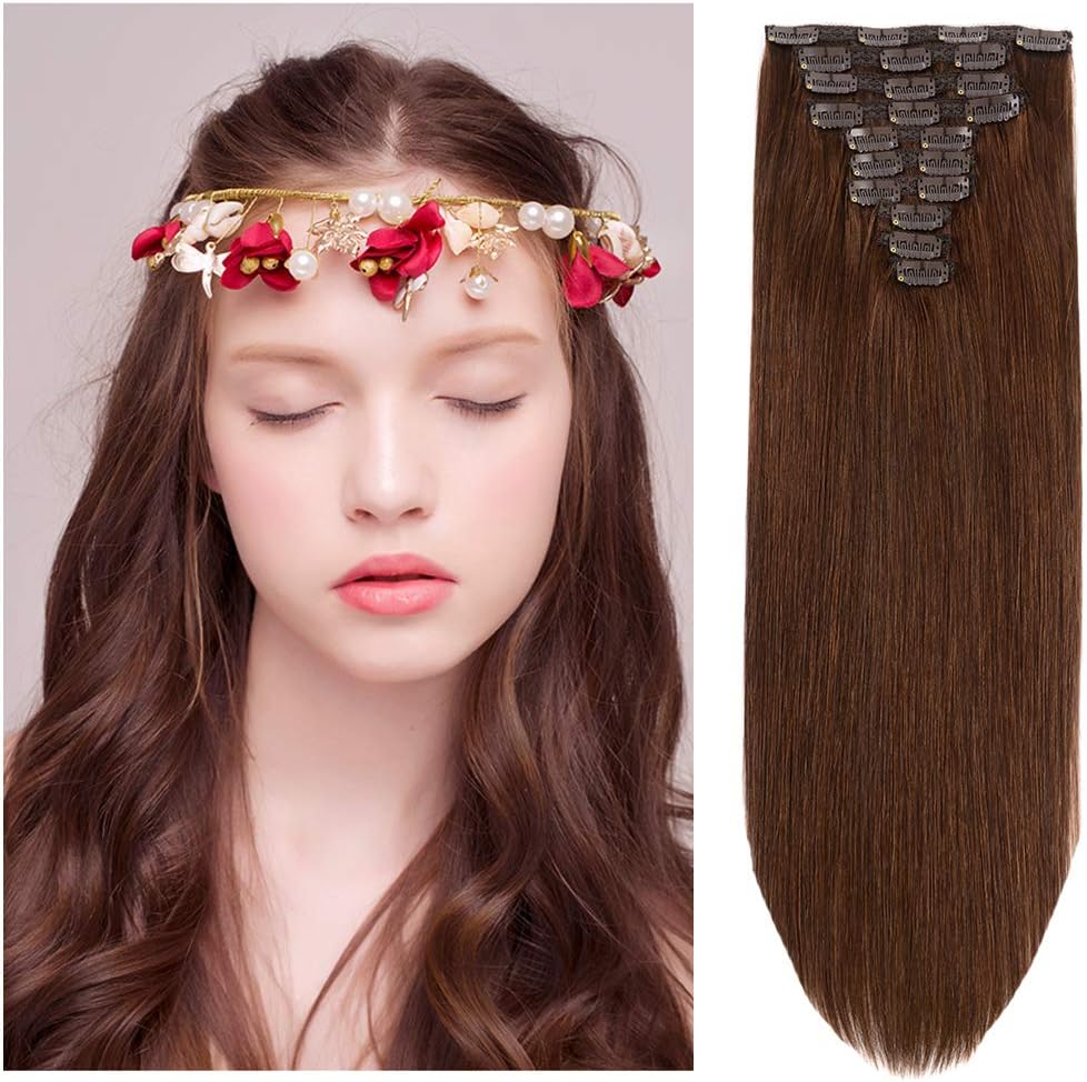 18" Clip in Human Hair Extensions Full Head 150g 7 Pieces 16 Clips 4# Chocolate Brown Double Weft Brazilian Real Remy Hair Extensions Thick Straight Silky (18",150g Chocolate Brown)