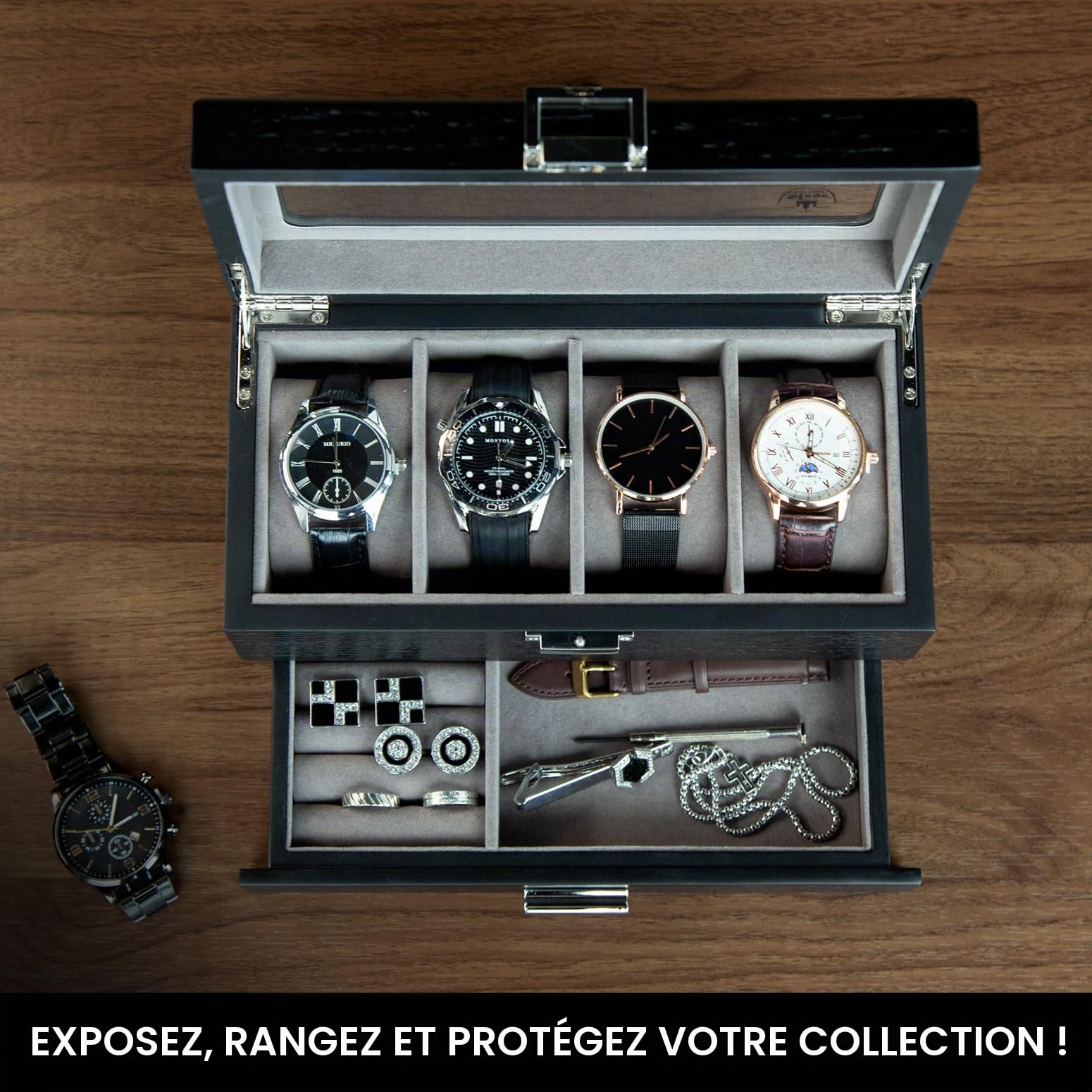 Slege Boîte à Montres en Bois,Fabriqué à Main,4 Emplacements avec Tiroir de Valet,Boîte à Montres pour Homme et Femme,Boîte de Rangement,avec Couvercle en Verre,Support de Montre,Watch Box Cadeau