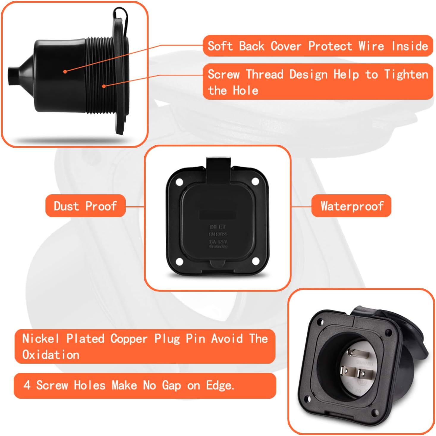 WELLUCK 15 Amp Flanged Inlet 125V, NEMA 5-15 RV Shore Power Inlet Plug w/Waterproof and Back Cover, 2 Pole 3-Wire AC Port Plug, Generator Male Receptacle for Marine Boat RV Shed Electrical Extension - - 