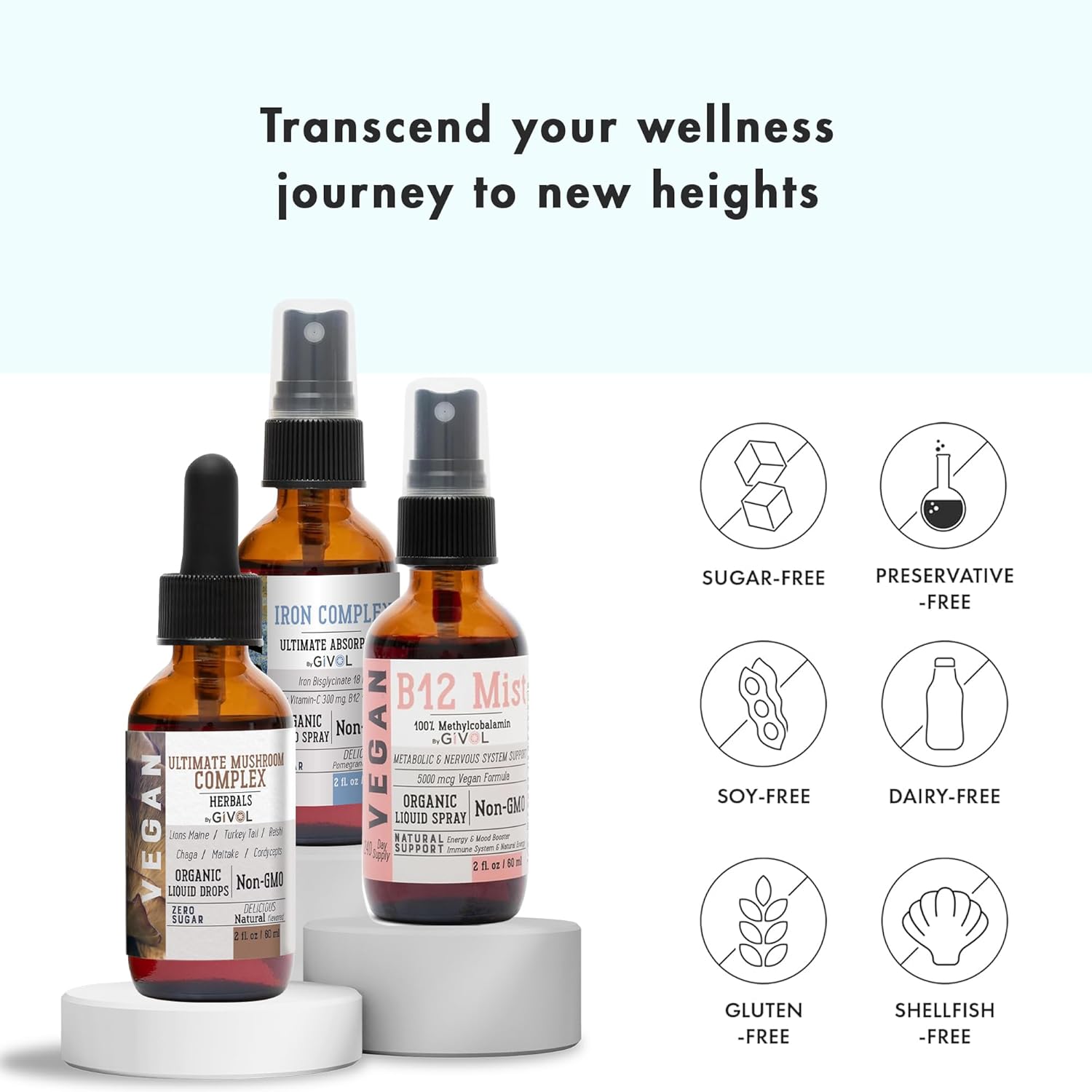 Ultimate Vegan Essential Bundle Liquid Spray- Ultimate Mushroom Complex, Iron Bisglycinate, and Vitamin B12 Methylcobalamin, All Natural, Non-GMO, Gluten Free, Sugar Free 2 Fl Oz 360 Days Supply