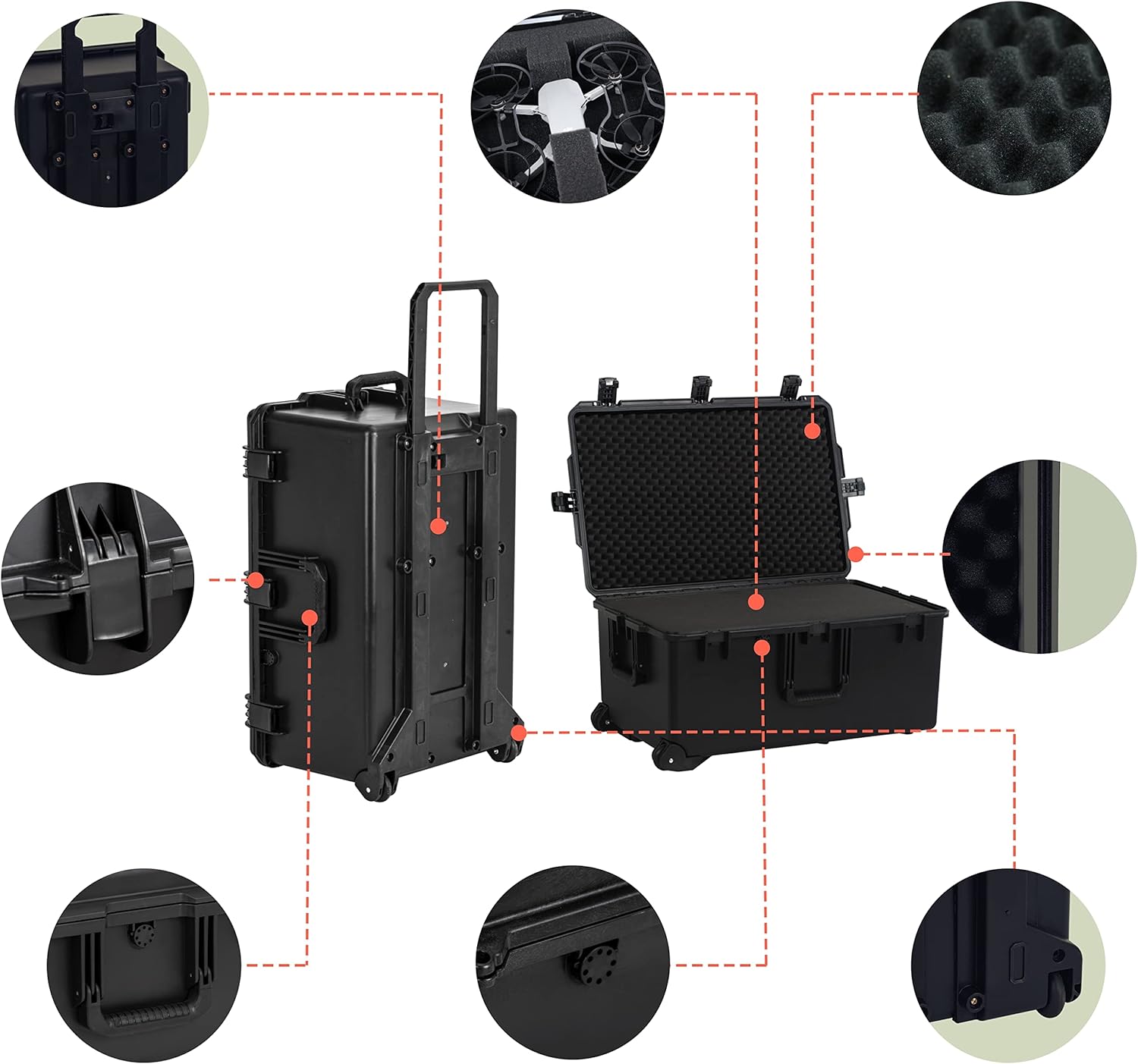 MEIJIA Premium Waterproof Hard Compact Rolling Camera Case with customizable fit foam and wheels,Full Protection with Light&Convenient Design,Elegant Black (31.3"X20.3"X15.5")