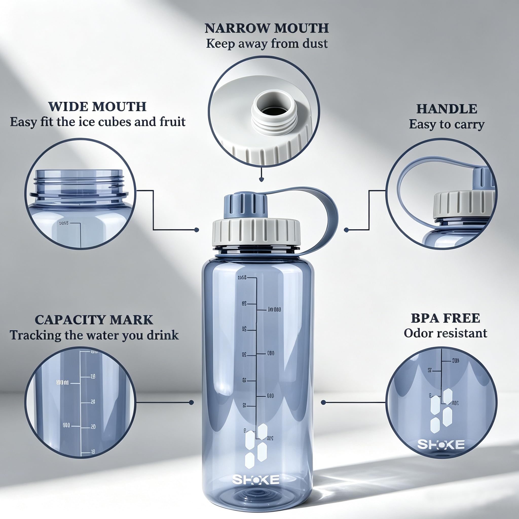 SHOKE Tritan Wasserflasche mit breitem Mund, auslaufsicher, Kunststoff, 1 Liter, BPA-frei, für Sport, Outdoor-Reisen, grau