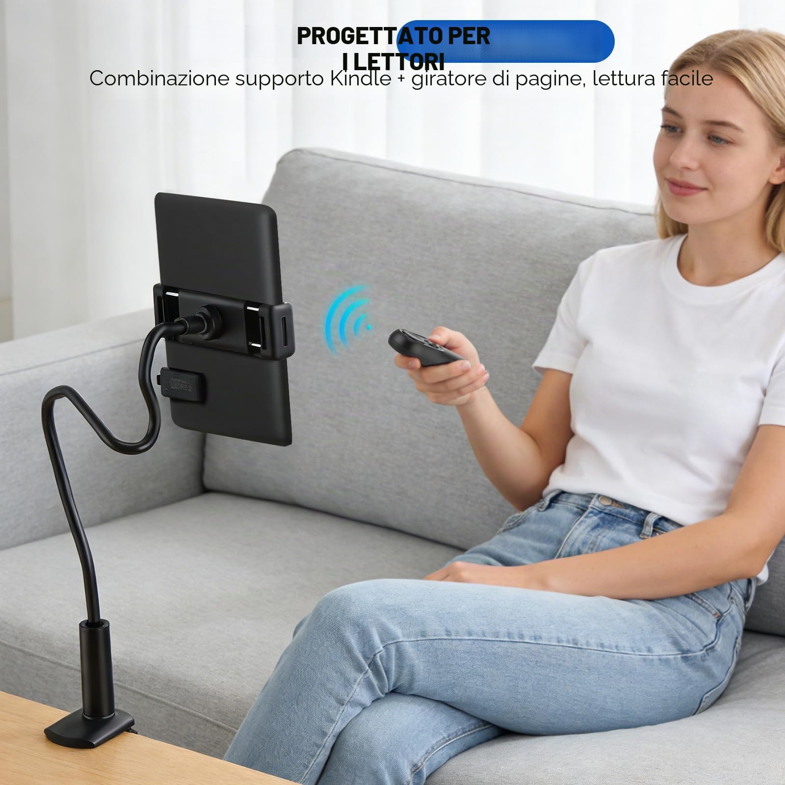 Supporto per Kindle a Collo di Cigno con Telecomando Gira Pagine per Leggere a Letto, Supporto da Scrivania per Tablet, Braccio Lungo Flessibile per Tablet, iPhone e Accessori Kindle