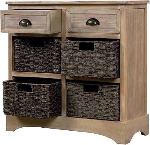 Miniatura 4 de Armario de almacenamiento rústico con dos cajones y cuatro cestas clásicas de ratán, mesa de consola de entrada de granja, mesa de sofá para sala de