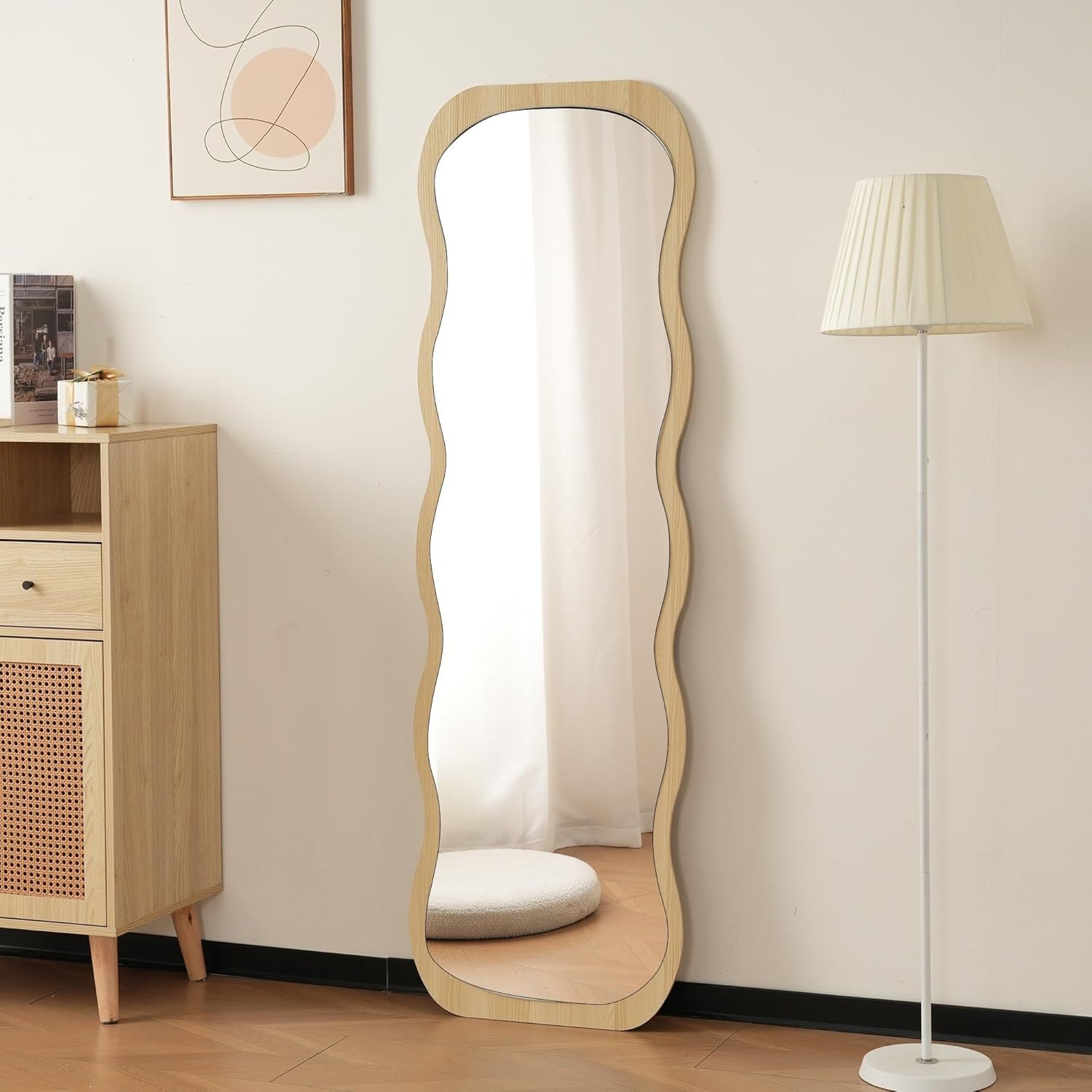 波形全身鏡 北欧木目調 スタンド＆壁掛け 160×50cm 飛散防止 おしゃれ