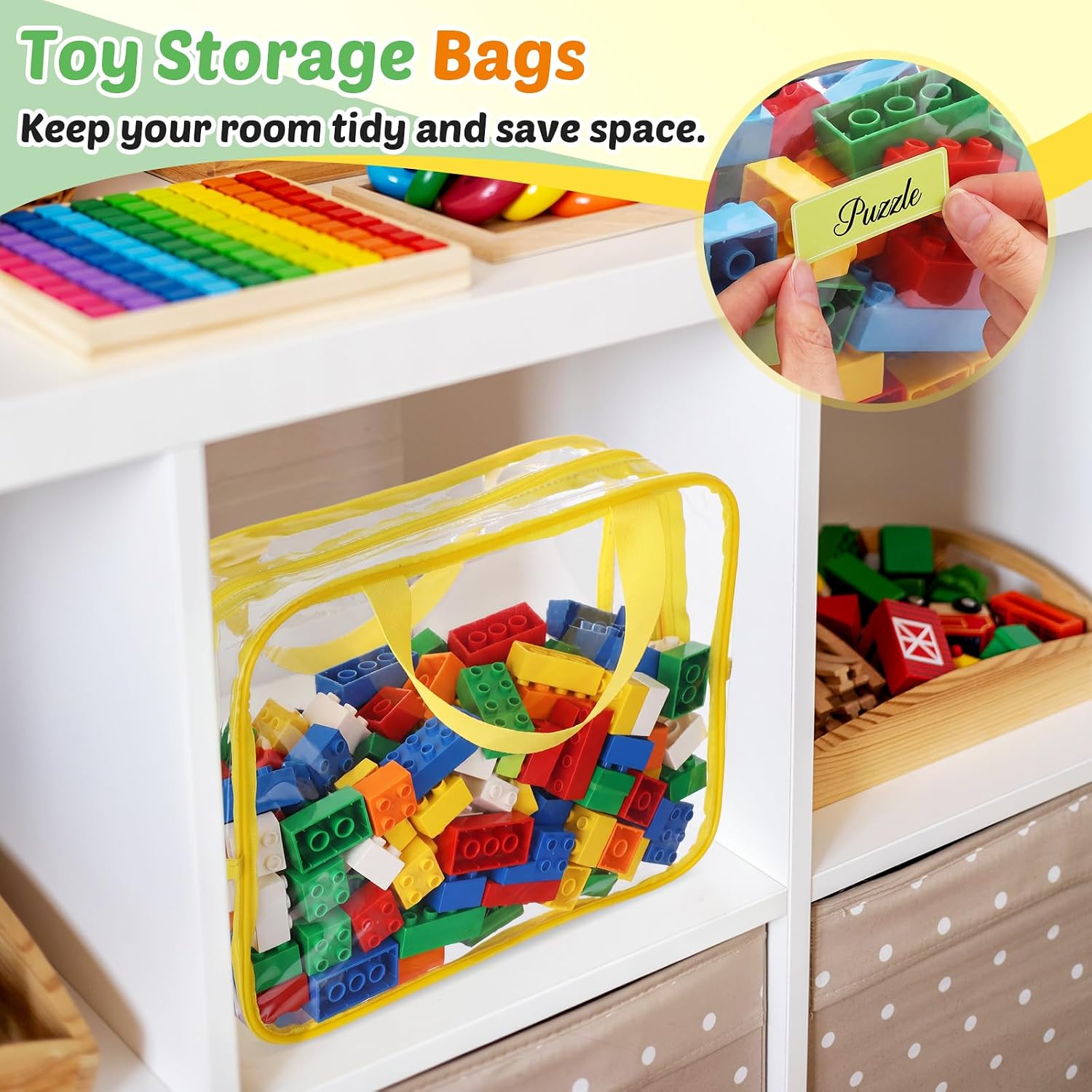 Talltalk 9 Pcs 3 Sizes Zipper Toy Storage Bags with Labels Clear PVC Storage Bags with Handles Waterproof Toy Organizer for Building Blocks Puzzle Cosmetics Snacks (Different Lengths,Multicolor)