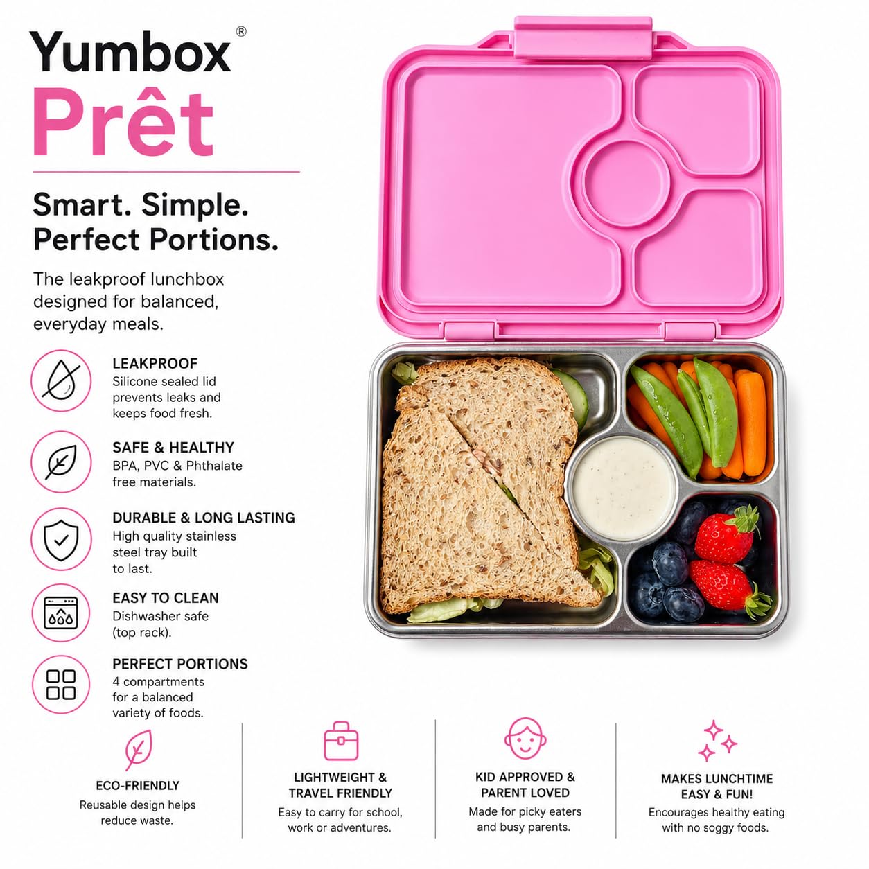 Yumbox Prêt Boîte à bento en acier inoxydable avec couvercle anti-fuite, plateau adapté aux sandwichs (Versailles Rose)