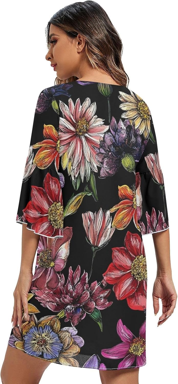 Vintage Flower Black V Line Dress 3/4 Sleeve Chiffon Beach Dress S-XXL