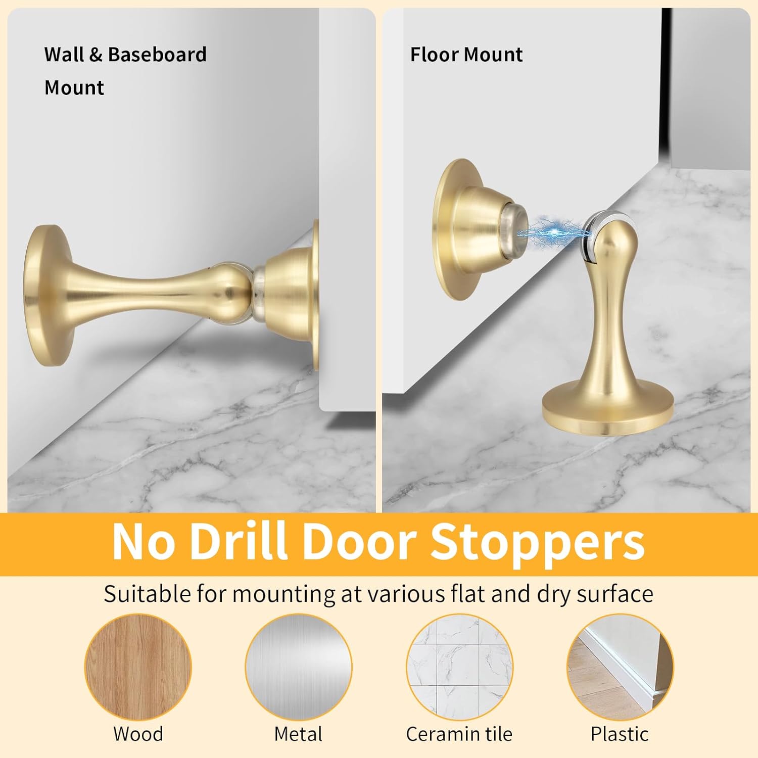 Bak Bo 3 Pack Magnetic Door Stopper, Strong Magnetic Door Holder Keep Door Open, Zinc Alloy Door Catch for Wall & Floor Mounting, No Drilling Door Stop with Adhesive Brushed Gold