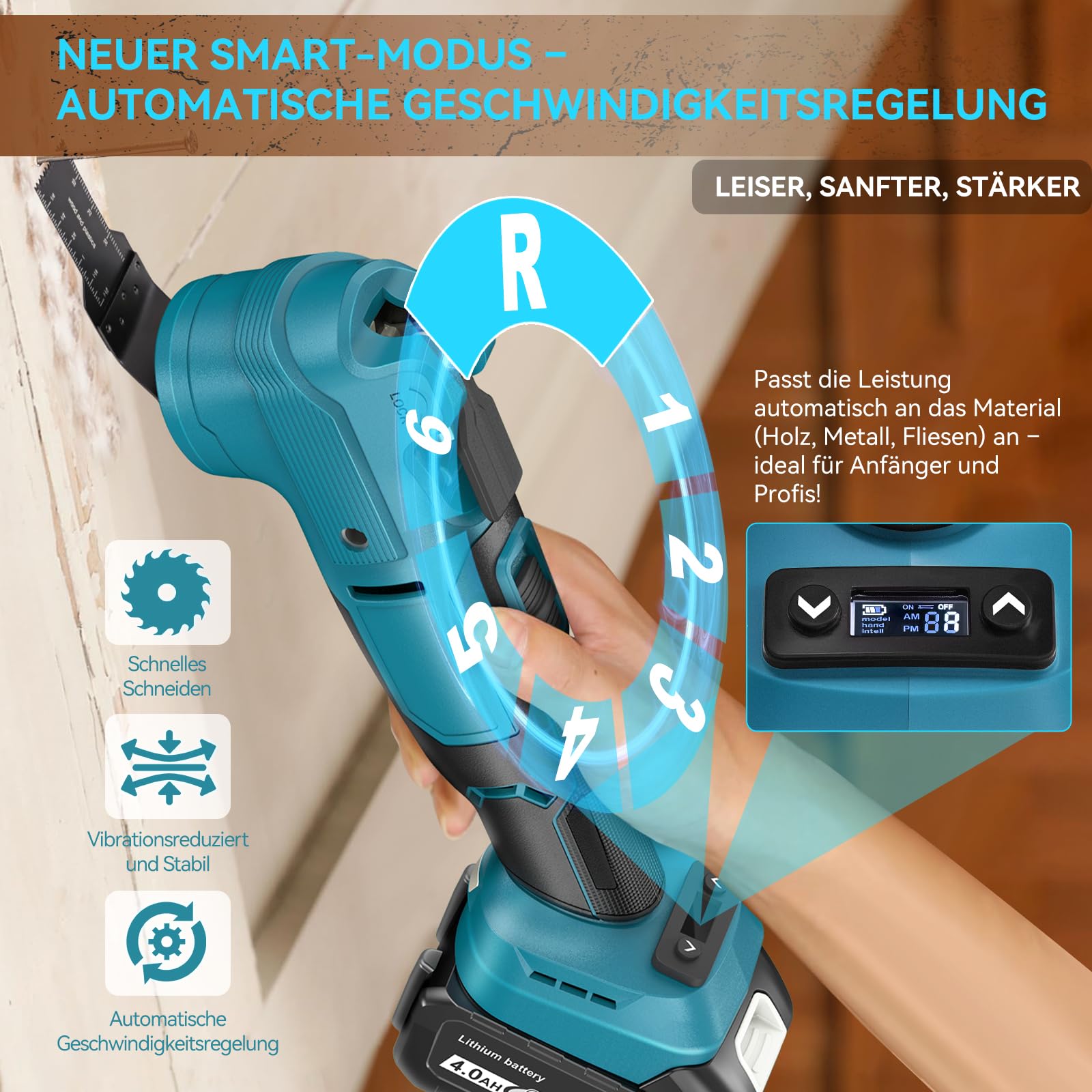 Yofuly Akku Multifunktionswerkzeug Kompatibel mit Makita 18V Akku, Multitool 6 Stufige Geschwindigkeit + Automodus, Geringer Amplitude Bürstenloser Motor mit 2x 4.0Ah Akkus, 23 Zubehör