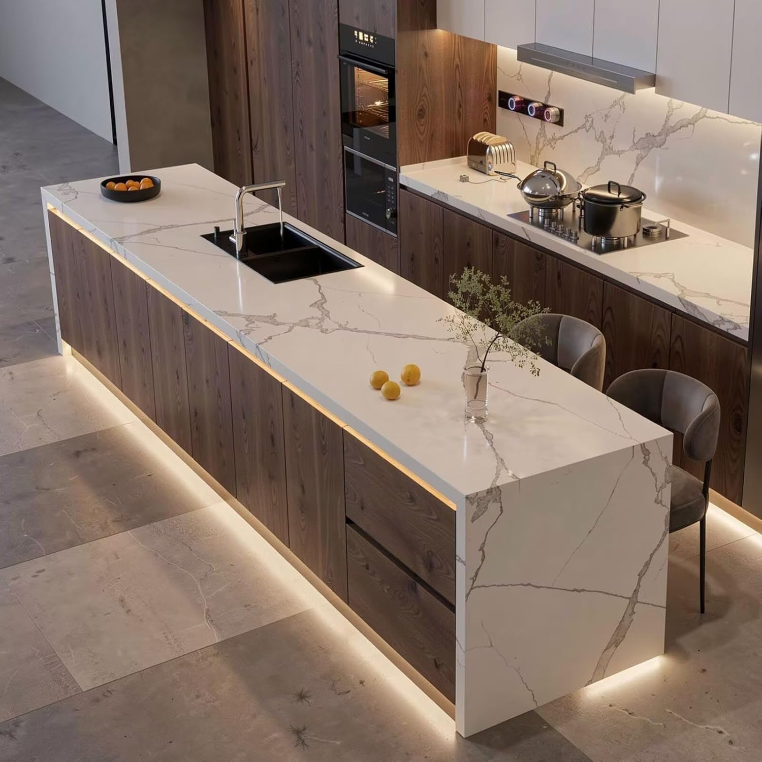 Kitchen Island with Storage - Kitchen Island Table with Integrated Sink, Under Cabinet LED Lighting, Power Outlet, Marble Patterned Top, Wood Grain Cabinet for 4 People (68IN No Chairs)
