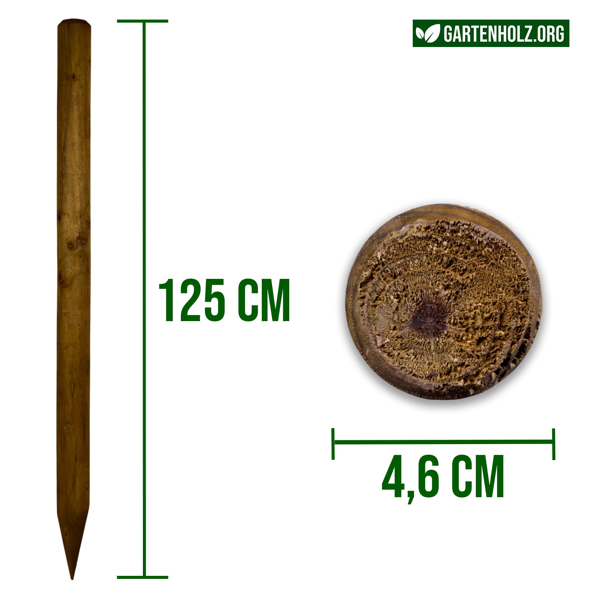 Juego de 10 estacas de madera redondas impregnadas de color marrón, 4,6 cm de diámetro, diferentes longitudes y grosores, ideales como postes de vallas, estacas de plantas o postes de árboles (125 cm