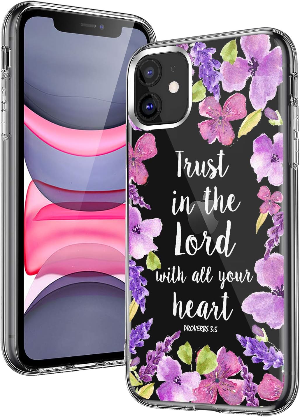 Compatible with 11 Case,Cute Bible Verses Quotes Flowers Florals Purple Butterfly Orchid Christian Proverbs 3:5 Girls Women Soft Protective Clear Case