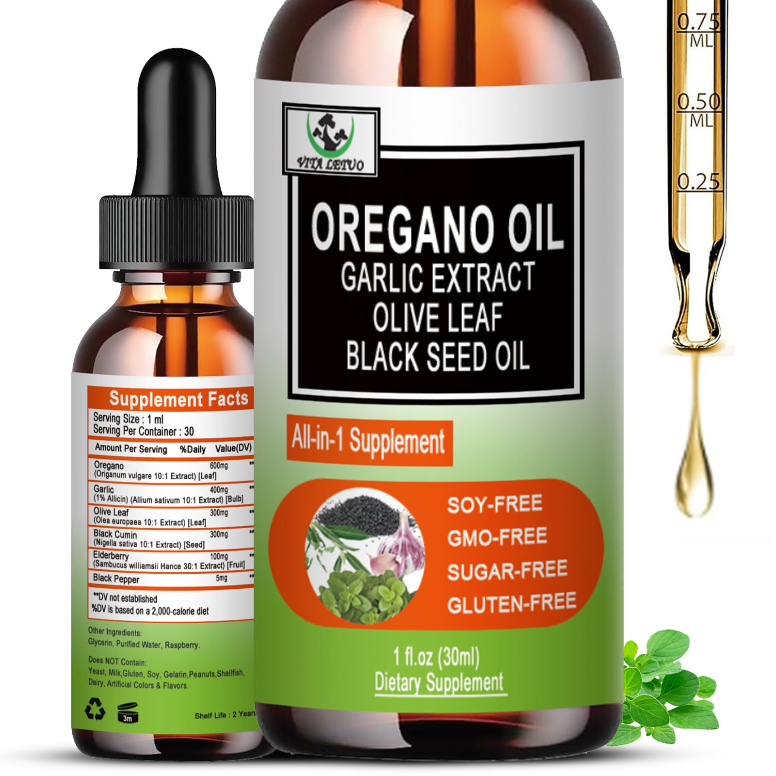 Vita letuo Organic Oil of Oregano with Black Seed Oil, Oregano Oil Liquid Drops w/Garlic Olive Leaf Elderberry for Immune,Digestive Support & Antioxidant,Seasonal Support Supplement for Women Men