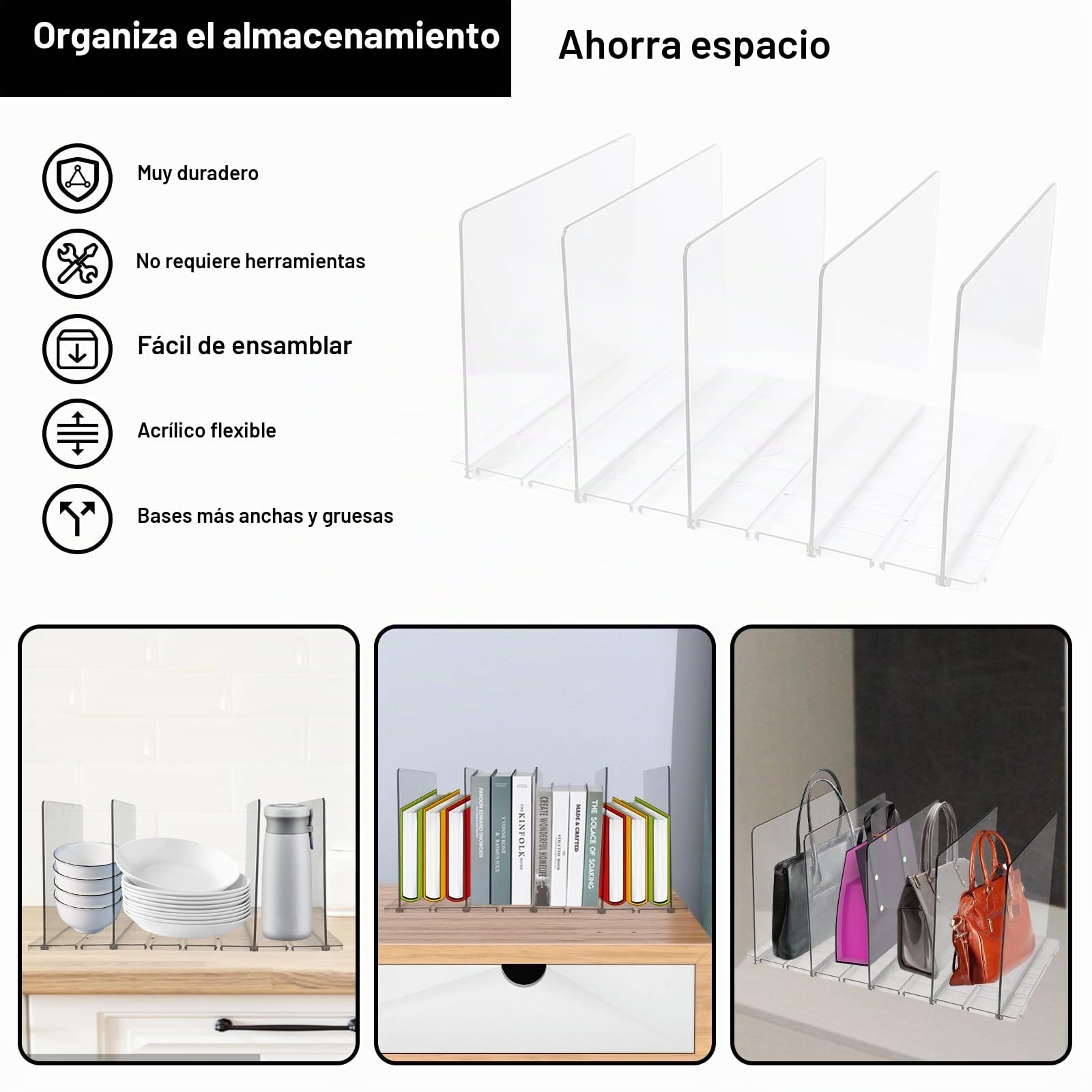 Les-Theresa 5 Piezas Organizador de Bolsos Transparente, Separadores de Armarios para Ropa Separadores de Estantes Armario Separador Bolsos Armario Ajustable, para Escritorios de Cocina de Dormitorio