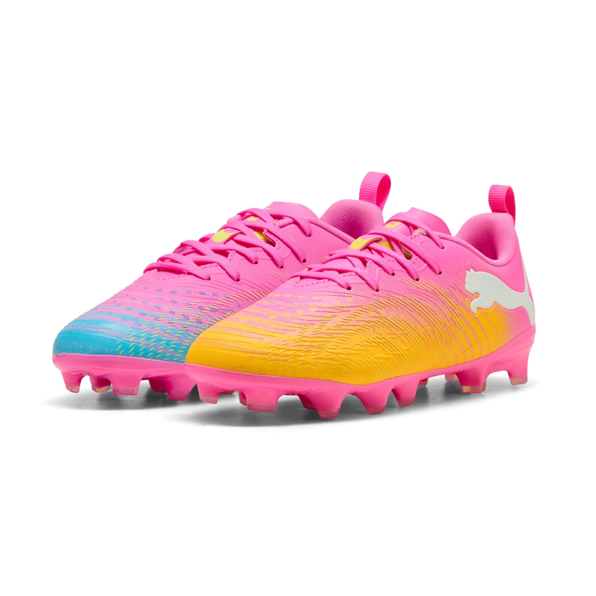 PUMA Future 9 Play FG/AG JR Scarpe da Calcio, Poison Pink-Sun Stream-Bright Aqua White, 3.5 UK, Poison Pink Sun Stream Bright Aqua PUMA White, 36 EU