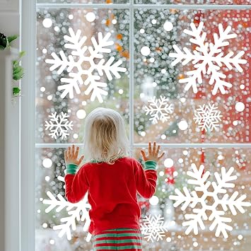 Sunboom 415 PCS Large Snowflake Window Clings White Extra Large Snowflakes Decals for Window, 10 Sheets Reusable Christmas Snowflake Decals for Glass Windows