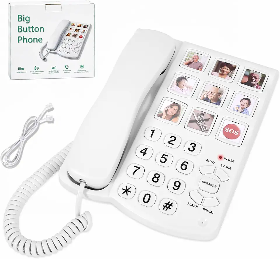 Telefone com botão grande para idosos, 9 botões grandes de foto e discagem com um clique, sino alto, fácil de programar, telefones fixos para idosos, para pessoas com deficiências visuais, auditivas e