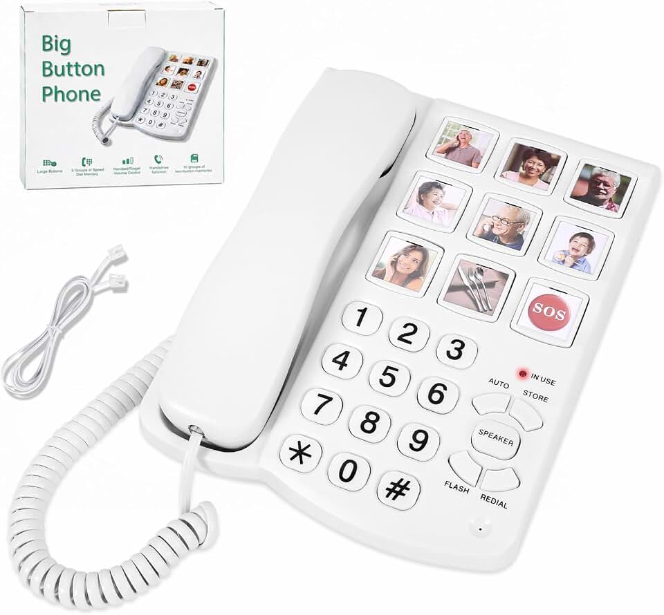 Telefone com botão grande para idosos, 9 botões grandes de foto e discagem com um clique, sino alto, fácil de programar, telefones fixos para idosos, para pessoas com deficiências visuais, auditivas e