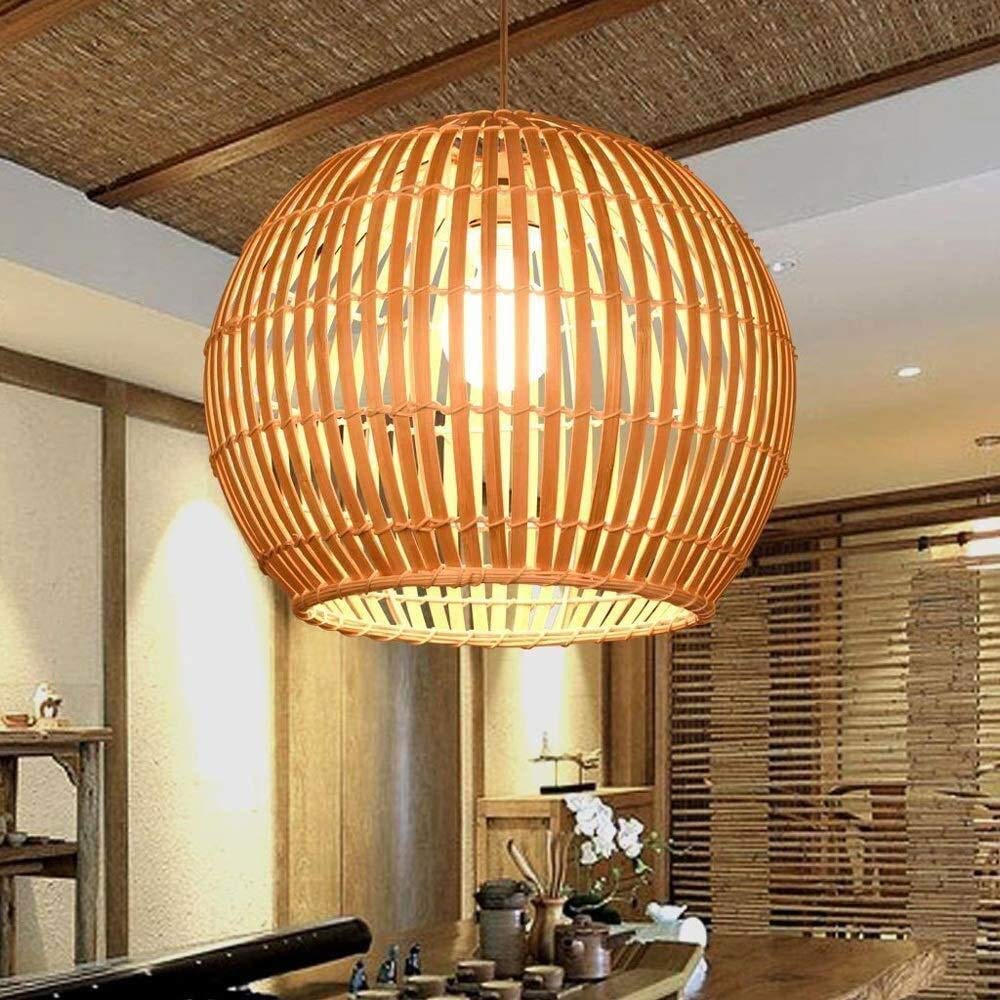 Lampadario In Bambù Intrecciato Stile Giapponese - Paralume In Rattan E Vimini, Regolabile, E27 (30x25 Cm) - 4