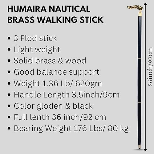 Miniatura 3 de Humaira Nautical Bastón victoriano de latón con mango de latón con bastón de madera negro (3 dobleces de madera), 36 pulgadas