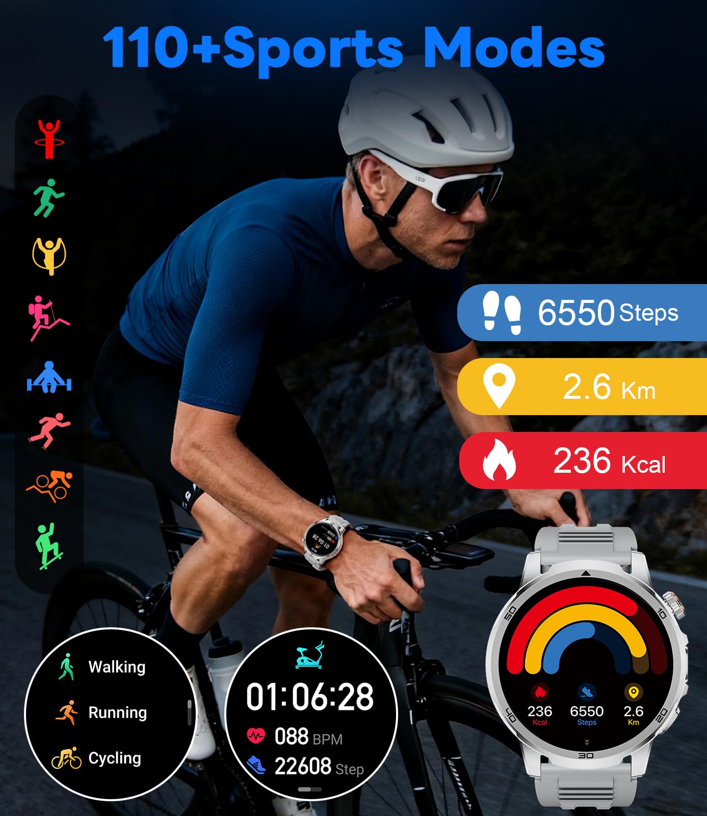 Smartwatch Uomo, 1,85 Pollici HD Display con Chiamate Bluetooth/1000 mAh/Torcia, Frequenza Cardiaca/Sonno, 110+ Modalità Sportive, Orologio Smartwatch Compatibile con Android e iOS, Argento