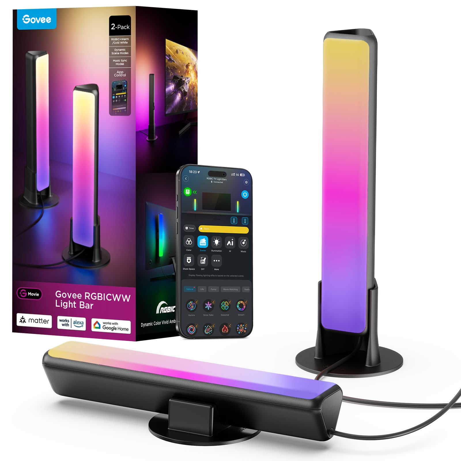 Govee Smart Light Bar, RGBICWW TV Lights for Living Room, Gaming, Black | Compatible with SmartThings, Matter, Alexa, LED Light Bar with Scene and Music Modes for Living Room, Gaming, PC, App Control