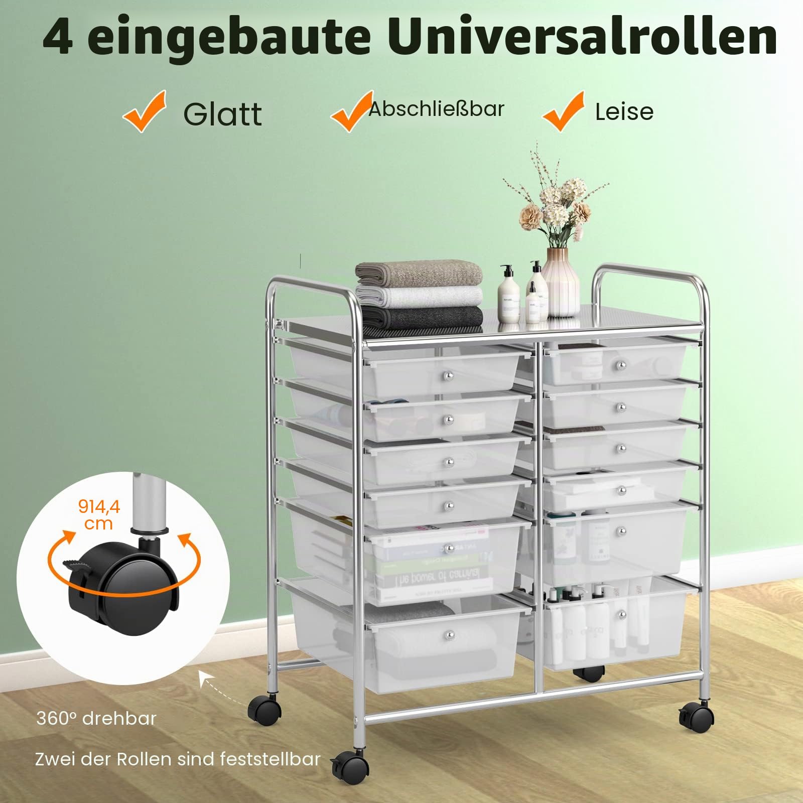 GIANTEX Rollwagen mit 12 Schubladen stapelbar, Schubladenwagen Badrollwagen Küchenwagen mit feststellbaren Rollen, Aufbewahrungswagen Haushaltswagen für Küche Bad Büro 64x38x75 cm (Transparent)