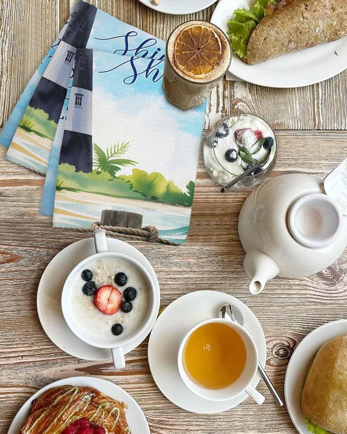 DecorLovee Coastal Lighthouse Kitchen Towels Set of 3, Waffle Microfiber Towels, Watercolor Blue Summer Beach Nautical Absorbent Dish Towels Cloths Decorative Hand Towels for Bathroom 16x24 Inch