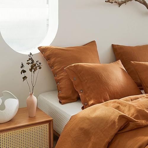 Miniatura 8 de Simple&amp;Opulence Juego de 2 fundas de almohada decorativas de lino 100 % lavado, 26 x 26 pulgadas, con botón de coco, funda de cojín de color sólido