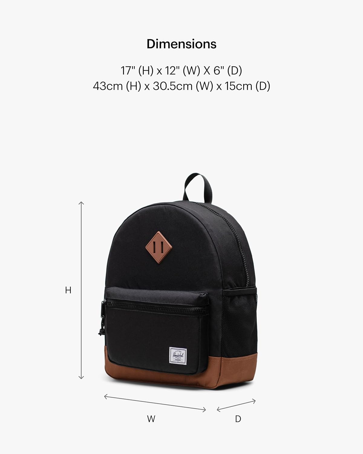 Herschel Supply Co. Youth Heritage Backpack, Black/Saddle Brown, 26 L - Image 3