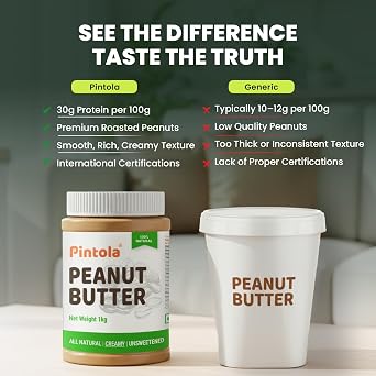 Pintola All Natural Peanut Butter (Creamy) | Unsweetened | 30g Protein | Non GMO | Gluten Free | Vegan | Cholesterol Free (1kg)