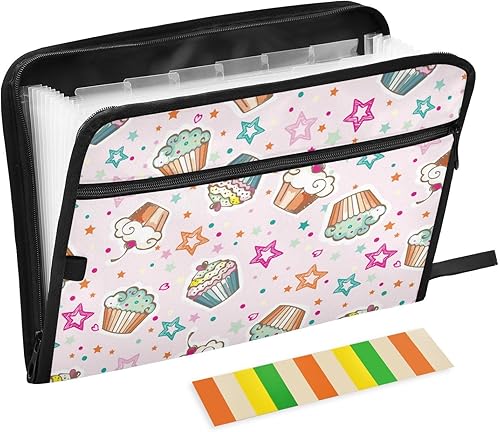 Cartoon Kawaii Desserts Cupcakes Stars Pink File Folder Organizer 13 Pockets A4 Letter Size Hanging File Folder with Zipper Closure Office Supplies