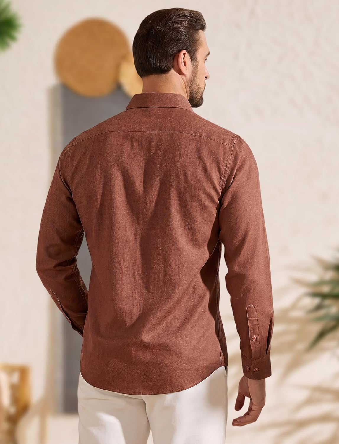 Barry.Wang Mens Linen Long Sleeve Shirt Solid Button Down Lightweight Casual Business Vacation Dress Shirt with Pocket - Image 2