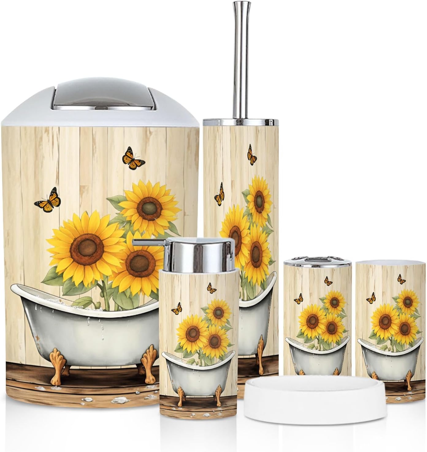 Bathroom Accessory Set 6 Piece Sunflower Yellow Bathroom Decor Flower Bathtub Butterfly Trash can, Toothbrush Holder, Soap Dispenser, Soap Dish, Toothbrush Cup, Toilet Brush Holder