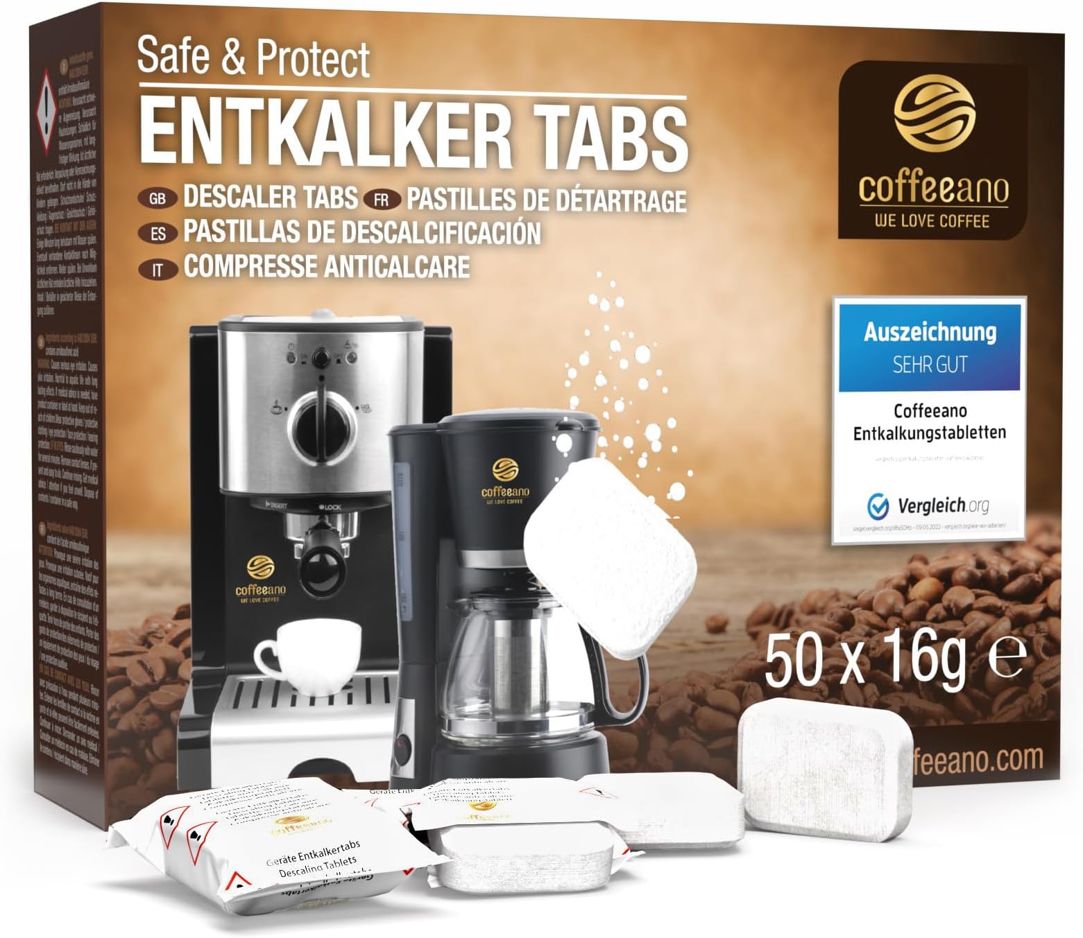 Coffeeano 50x descaling tablets XL for fully automatic coffee machines and coffee makers. Descaling tabs compatible with Jura, Siemens, Krups, Bosch, Miele, Melitta, WMF and many more